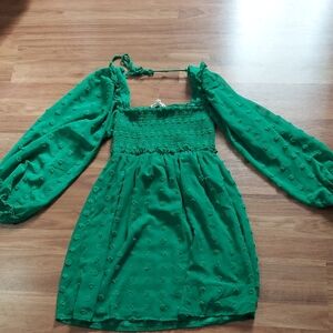 Vine & Love Emerald Green Smocked Mini Dress with Puff Sleeves